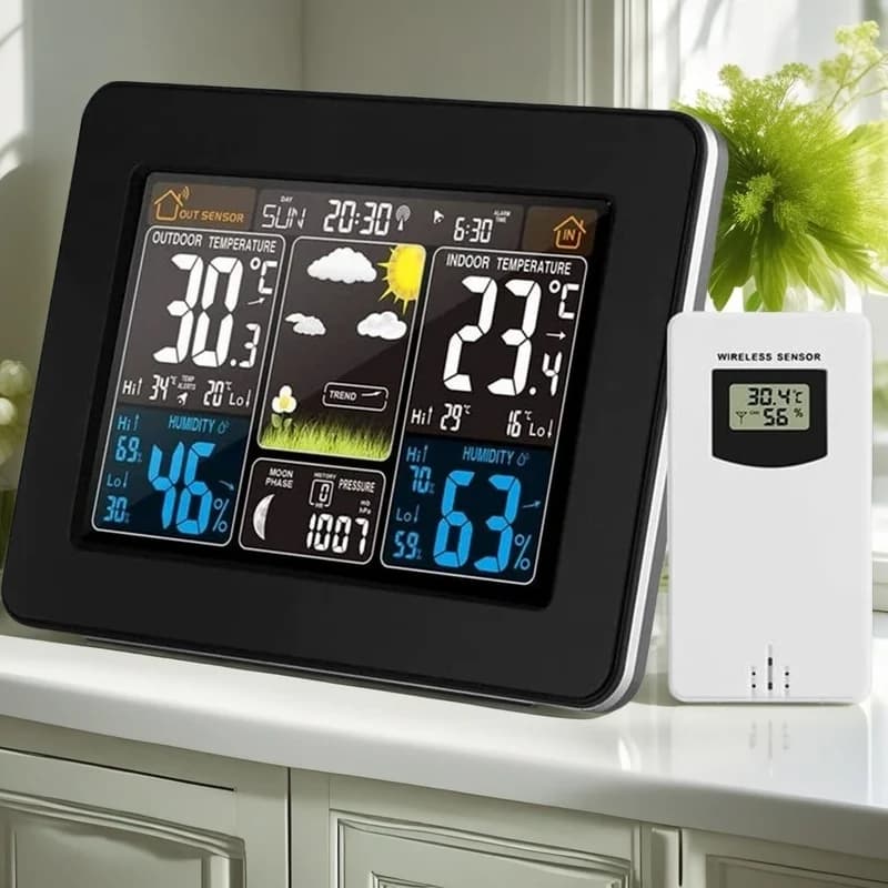 Digital Color Weather Clock with Wireless Outdoor Sensor - Real-Time Indoor/Outdoor Temperature Monitor