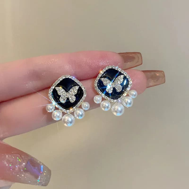 Glaze Black Square Crystal Butterfly Imitation Pearl Stud Earring for Women Temperament Jewelry Christmas Girlfriend Gift