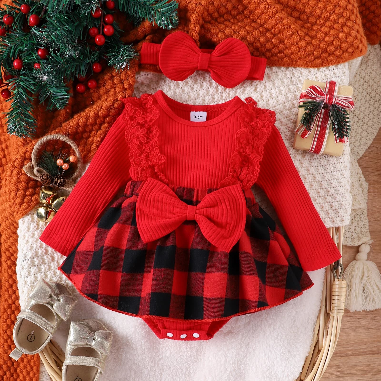 Newborn Baby Girl Christmas Romper Dress Ruffle Long Sleeve Plaid Jumpsuit Skirts Hem Bodysuit with Headband Outfit