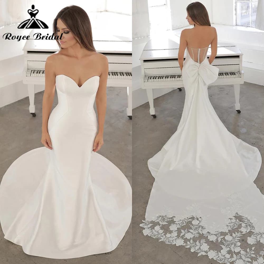 Simple Sweetheart Sleeveless Back Button Bow Satin Mermaid Wedding Dress For Women Sexy Bridal Gown Lace Sweep Vestidos De Novia