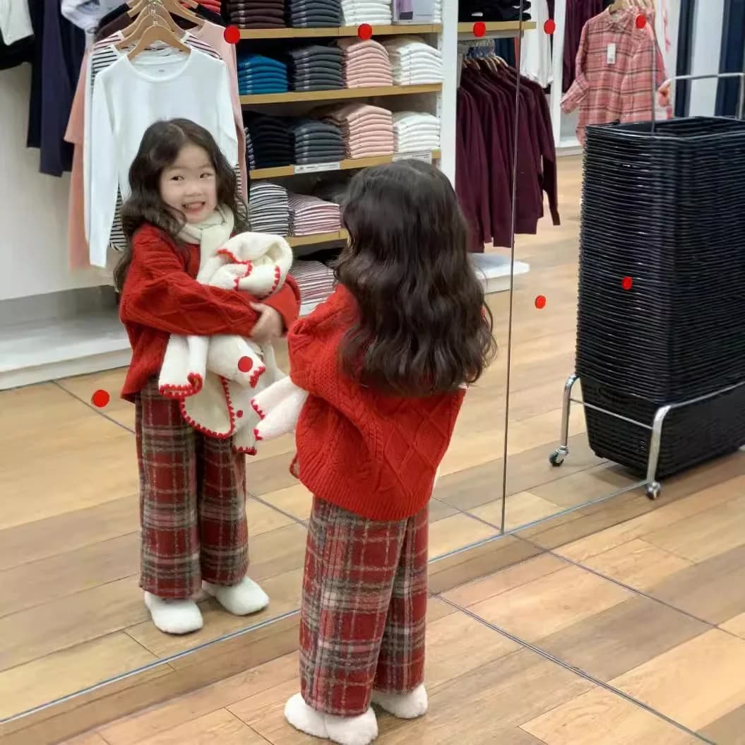 Girls Suit 2024 Autumn New Childrens Clothing Korean Style Baby Girl Retro Sweater Red Gingham Pants Two-piece Set Casual