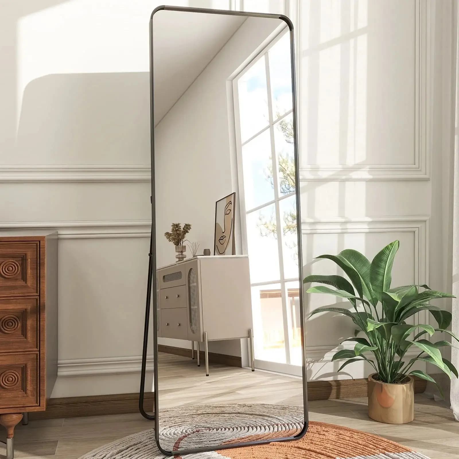 59"x16" Floor Full Length Mirror Standing Full Body Rounded Corner Rectangle Mirrors with Stand Hanging Wall Mounted Leaning