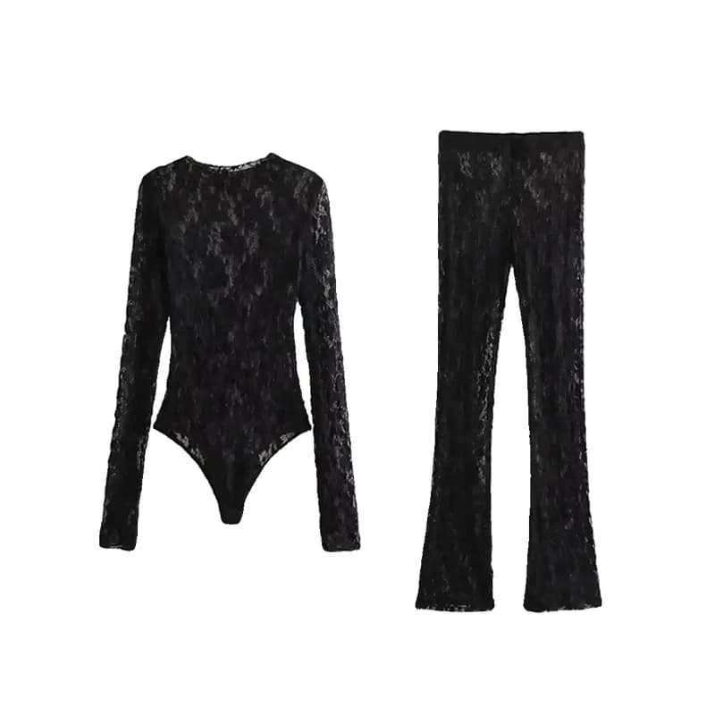 Slim-fit Lace Jumpsuit Tops & Pants Set Sexy Long Sleeve Flower Hollow Out Design O-Neck Sexy Jumpsuit High Waist Pants Black