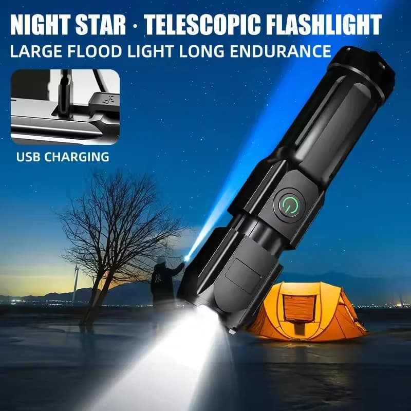 LED Camping Torch Flashlight High Power Rechargeable USB Spotlight Zoom Lantern Built-in Battery For Fishing Outdoor Waterproof
