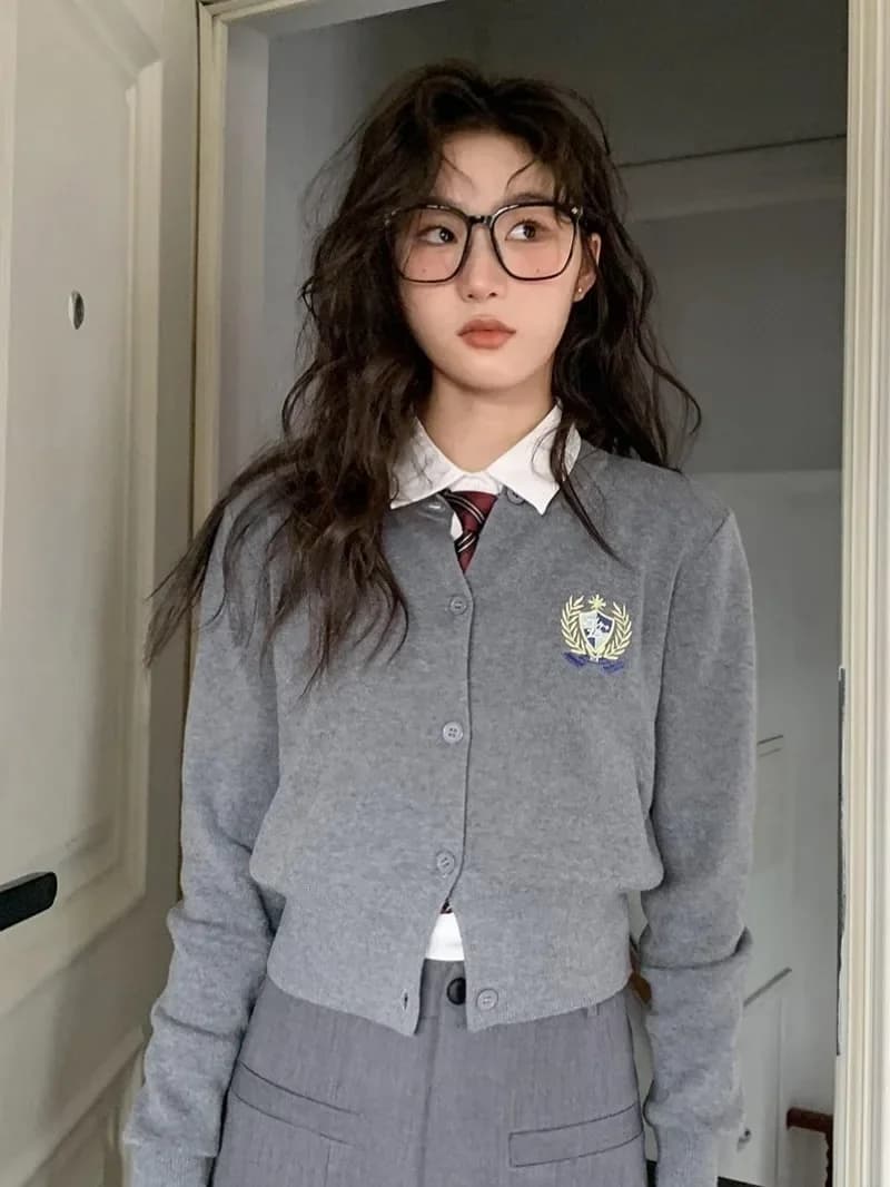 Knitted Preppy Style Badge Embroidery Cardigan Slim Waist Korean Women Long Sleeve O Neck Short Sweaters Japanese Y2k