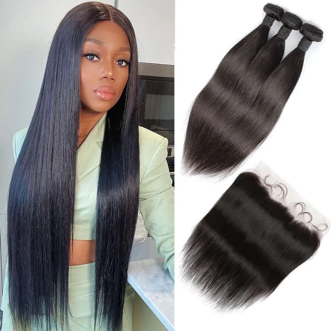 10-24inch Straight Human Hair Bundles With Closure Brazilian Raw Hair Weave Bundles With 13x6 Deep Kim Closure and Bundles
