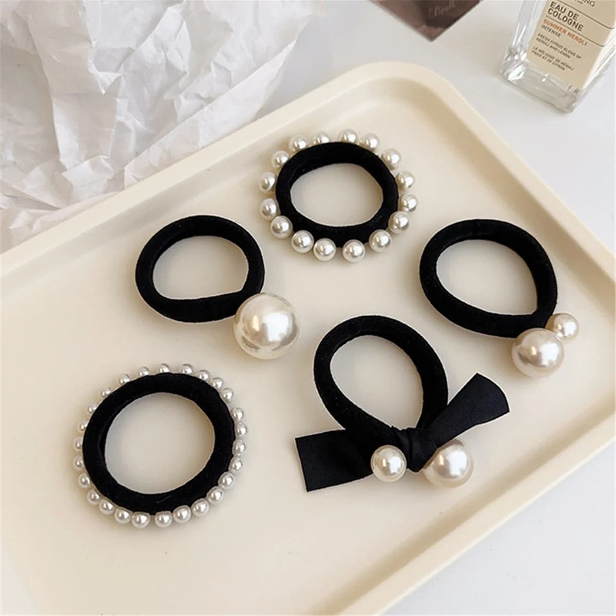 5pcs Fashionable and simple pearl hair tie, small fragrance, high elasticity head rope, thick and seamless scalp band