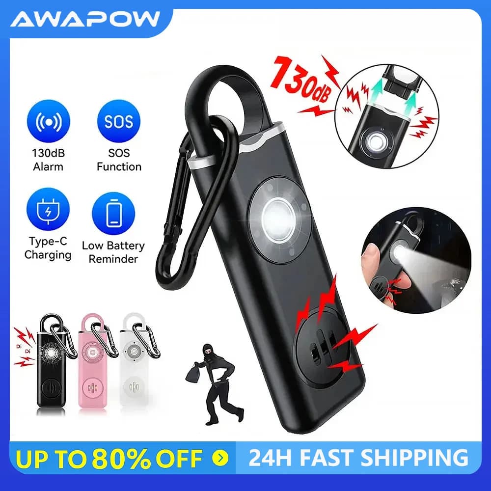 Awapow Personal Defense Alarm 130dB With LED Light Rechargeable Self Defense Woman Safety Alarm Key Chain Emergency Anti-Attack