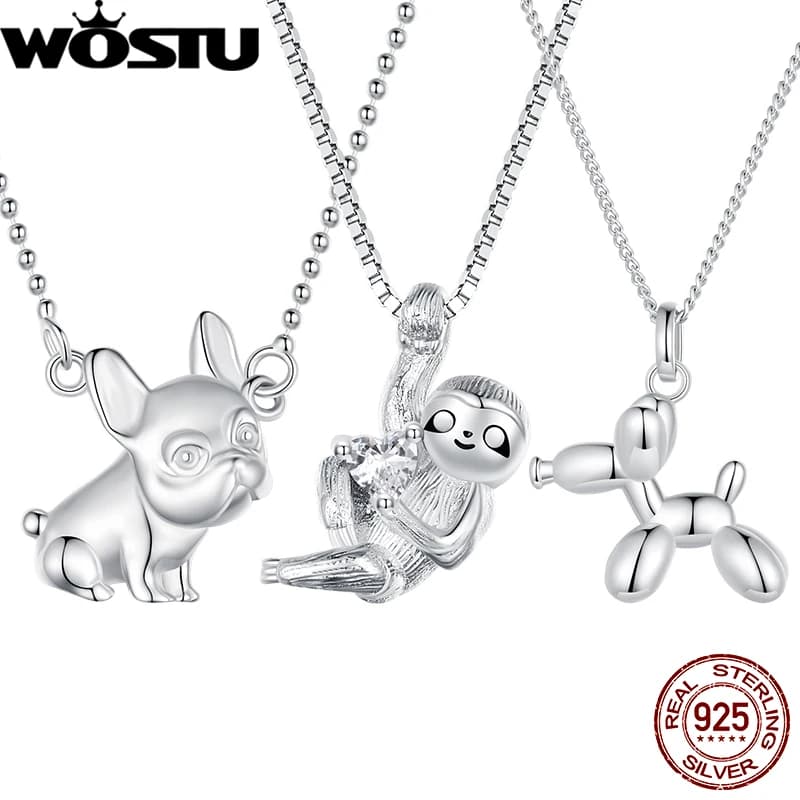 WOSTU 925 Sterling Silver Sloth French Bulldog Balloon Dog Necklace Plated Platinum For Women Cute Party Daily Fine Jewelry Gift