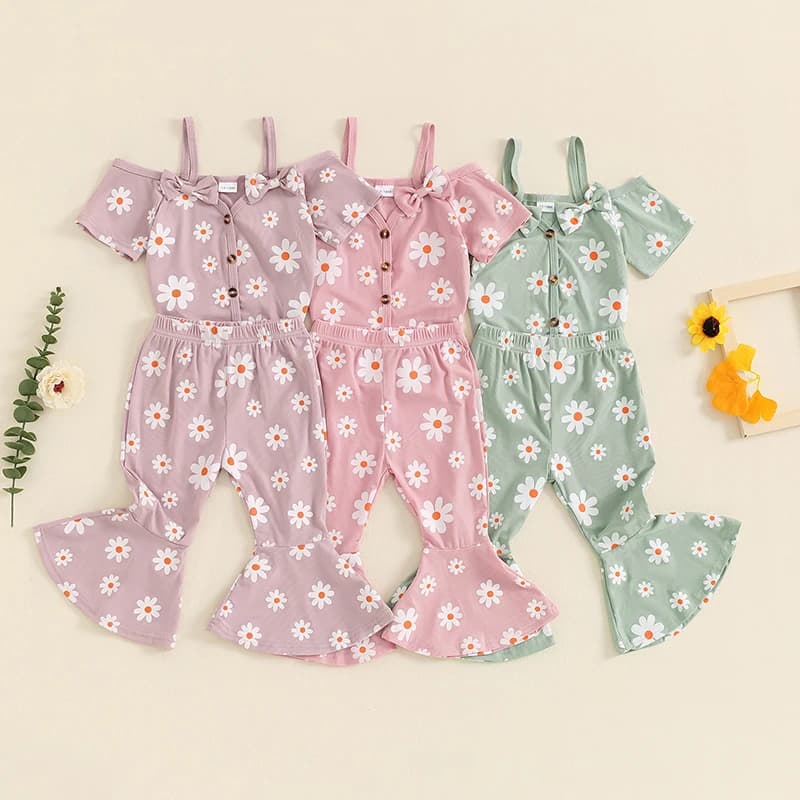 Kids Baby Girl 2Pcs Summer Outfits Off Shoulder Floral Print Tops + Flare Pants Set Toddler Clothes