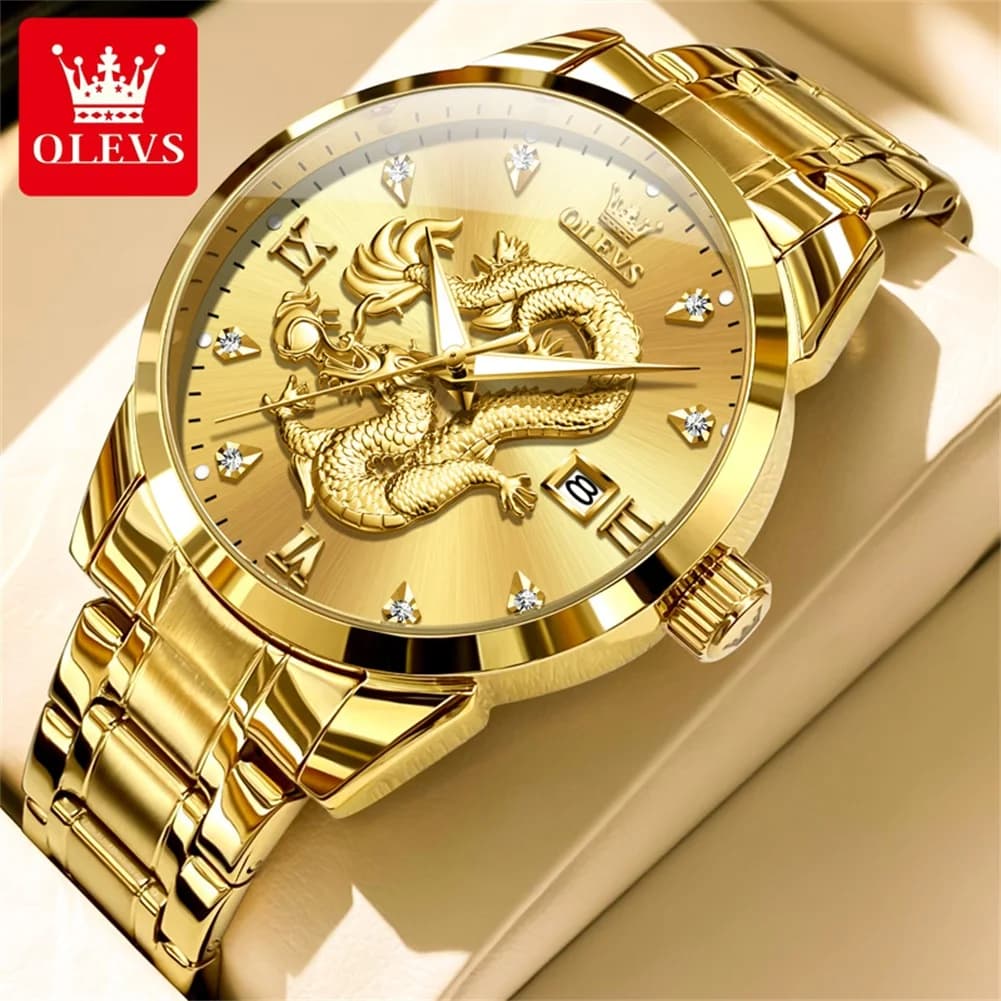 OLEVS Top Luxury Men's Watch High Quality Waterproof Stainless Steel Diamond Dragon Watch Brand Business Men's Quartz Watch