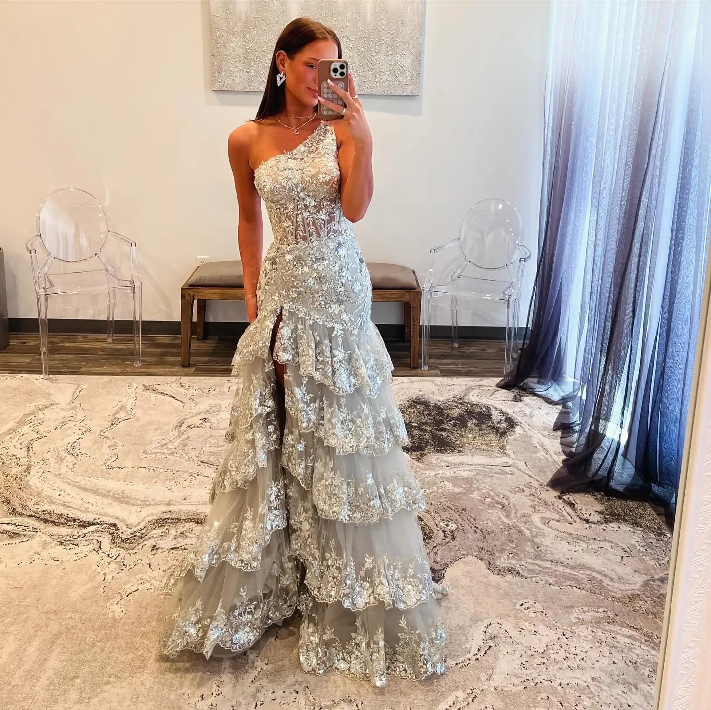 Sharon Said Sequin Evening Prom Dress with silver Embroidery High side slit for Women Graduation Party Gown SH152 Customized