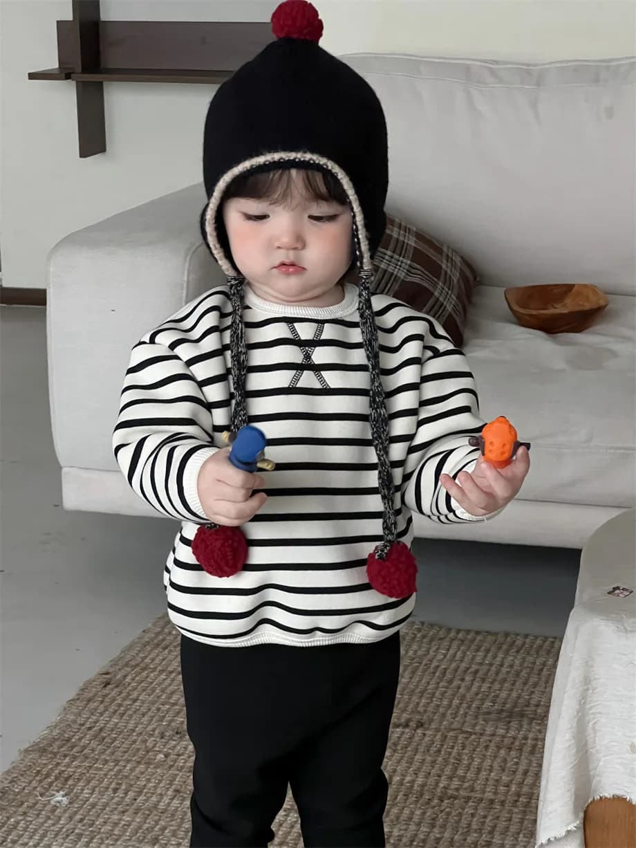 2024 Winter New Baby Plus Velvet Thick Sweatshirt Set Boys Girls Striped Bottoming Shirt + Pants 2pcs Suit Infant Fleece Outfits