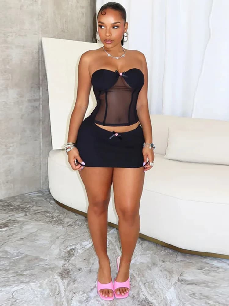Weird Puss Bow See Through 2 Piece Set Women Chest Wrap Backless Crop Tops+Chic Elastic Waist Skinny Mini Skirts Sexy Trend Suit