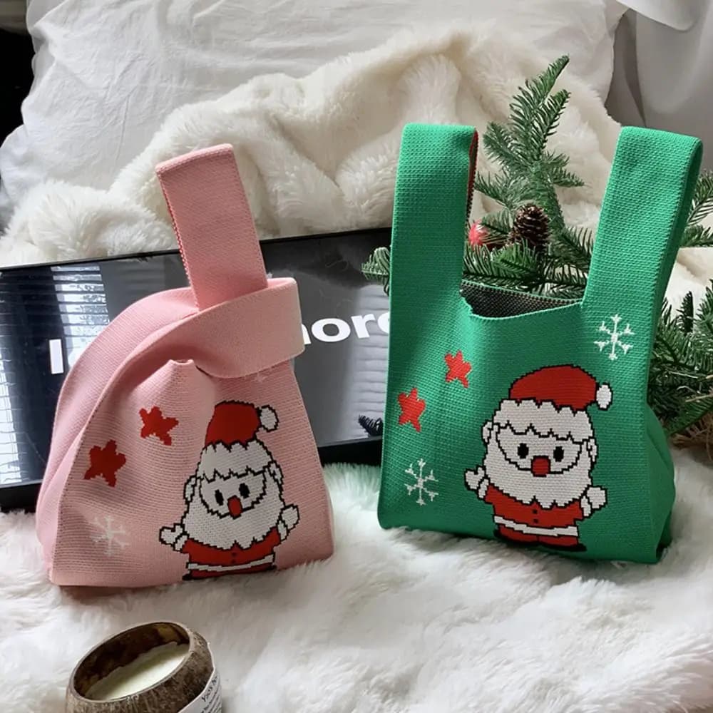 Fashion Christmas Gift Knot Wrist Bag Candy Pouch Wool Bucket Bag Christmas Knitted Bag Santa Claus Weave Tote Bag Travel