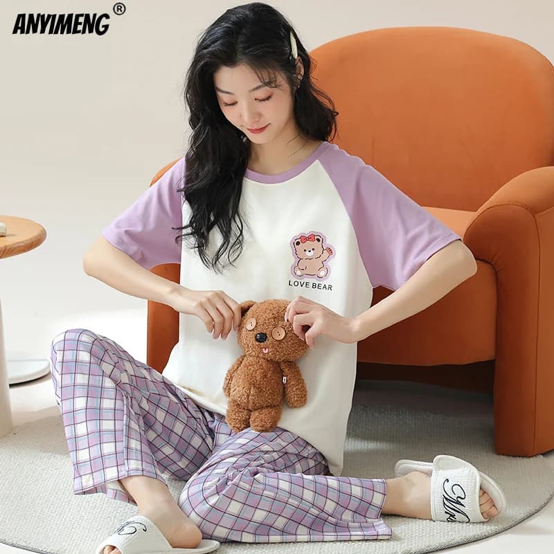 New Summer Women Pajama Faux Cotton Pajama Sets Short Sleeved Plaid Long Pants Woman Pijamas Cute Bear Print Loungewear