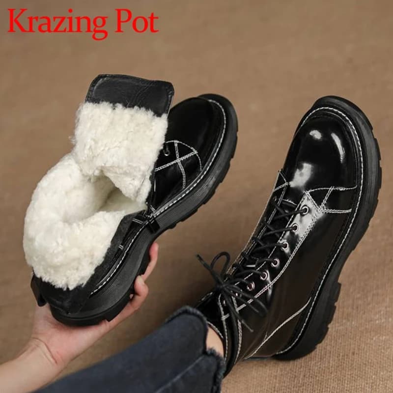 Krazing Pot Wool Cow Leather Round Toe Med Heels Snow Boots Cold-resistant Fur Deign Brand Retro Fashion Lace-up Ankle Boots