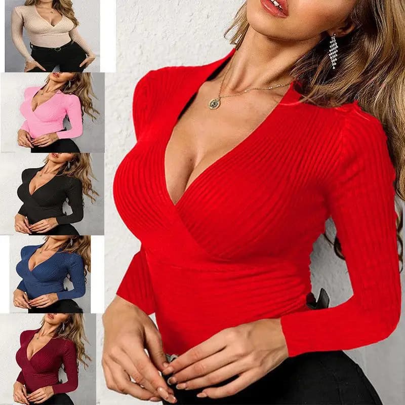 Fashionable intellectual style knitted pullover V-neck slim fit sexy spicy girl long sleeved knitted t-shirt