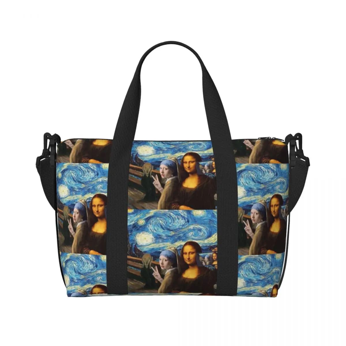 Custom Starry Night By Mona Lisa And Vincent Van Gogh Groceries Tote Shopping Bags Women Art Painting Beach Gym Travel Bags