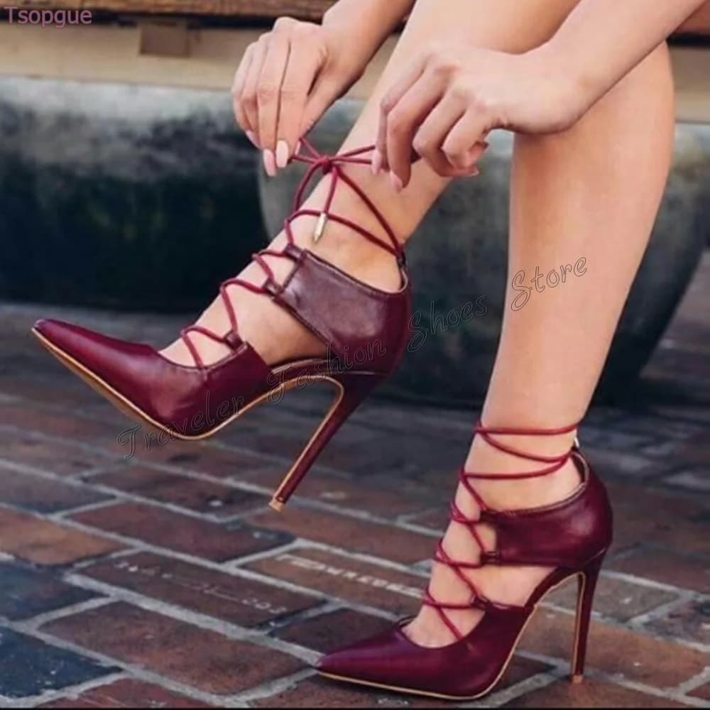 Claret Pointed Toe Lace up Pumps Stilettos High Heels Matte Leather High Heel Shoes for Women Heels 2024 New Zapatos Para Mujere