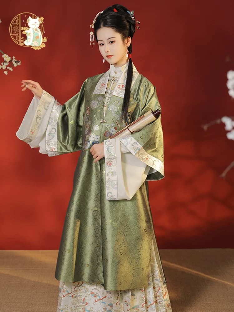 Original Ming Hanfu Spring and Autumn Vertical Collar Long Gown, Woven Gold Imitation Makeup Flower Large Collar CHINESE HANFU