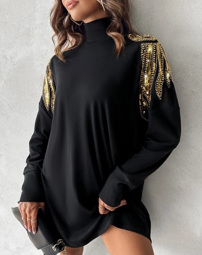 New Fashion Women 2024 Early Spring Casual Simple Dress High Neck Long Sleeve Angel Wings Pattern Contrast Sequin Casual Dress