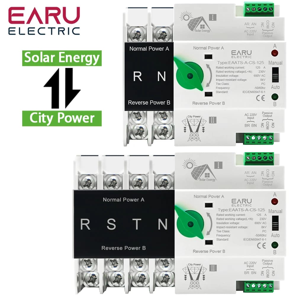 Din Rail ATS for PV and Inverter Dual Power Automatic Transfer Selector Switches Uninterrupted Power 2P 4P AC 110V AC 230V 125A