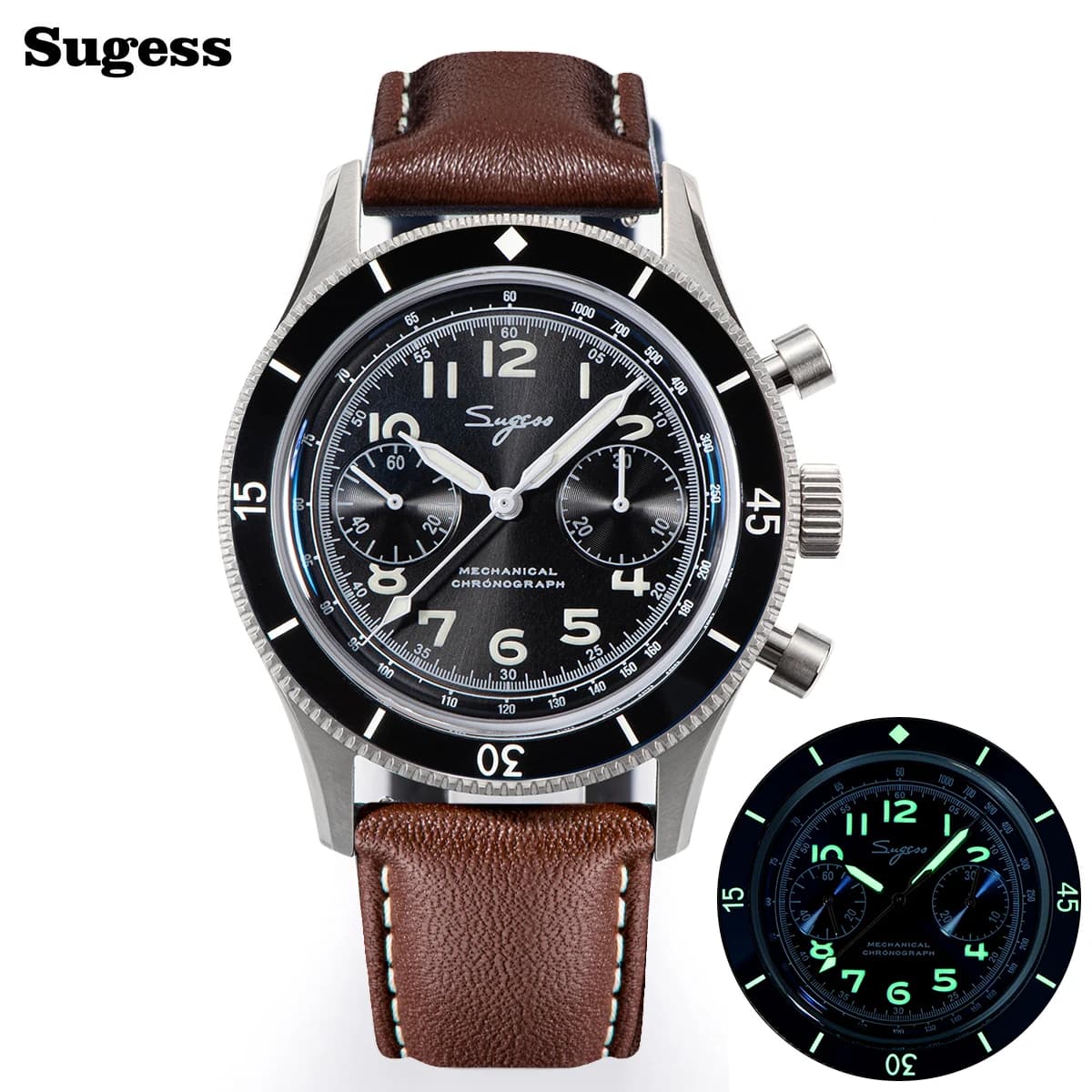 Sugess Pilot Watch Handwind Chronograph Mechanical Wristwatches Luminous Skeleton Men Watches Crystal Sapphire Leather New 2022