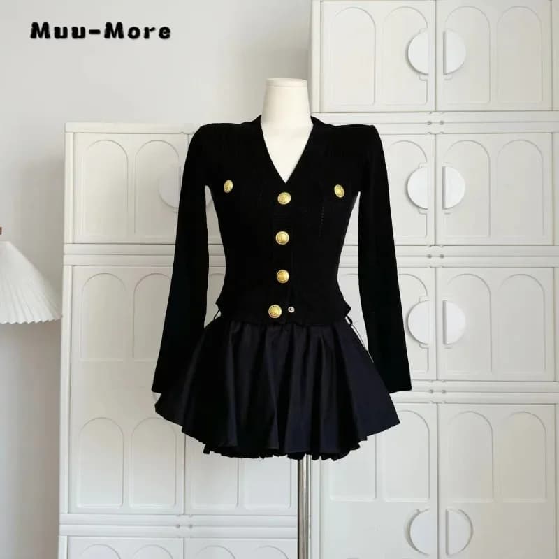 2024 Autumn Vintage Hotsweet Style 2 Piece Set Women V-neck Long Sleeve Cardigan+Pleated Skirt Luxury Gyaru Two Piece Skirt Set