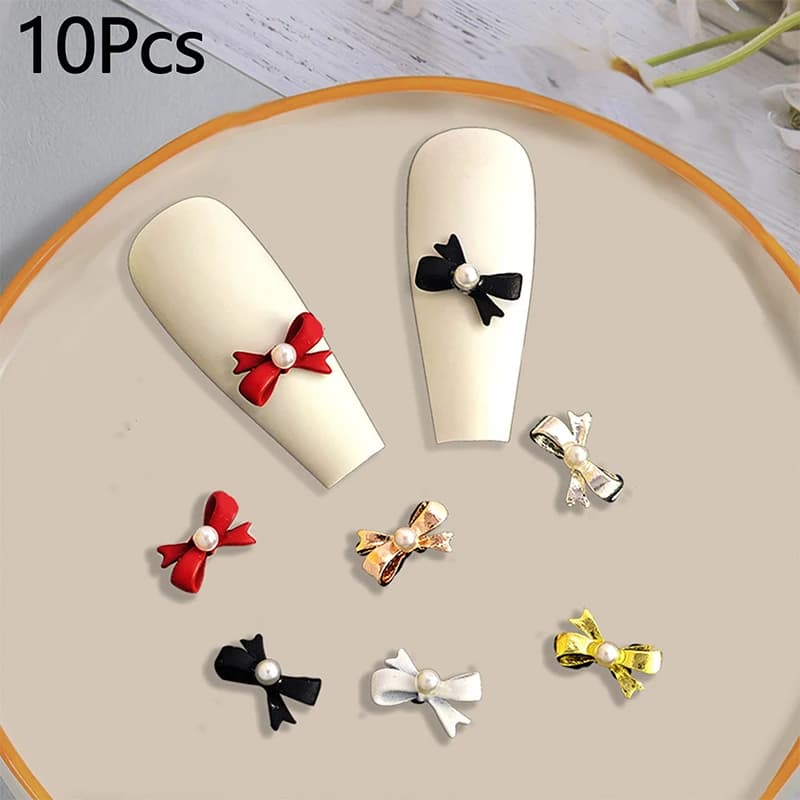 Nail Charms Art Ribbon Parts Gold Silver Bow With Pearls Jewelry Diy Decoration Rhinestones Accessories Manicure