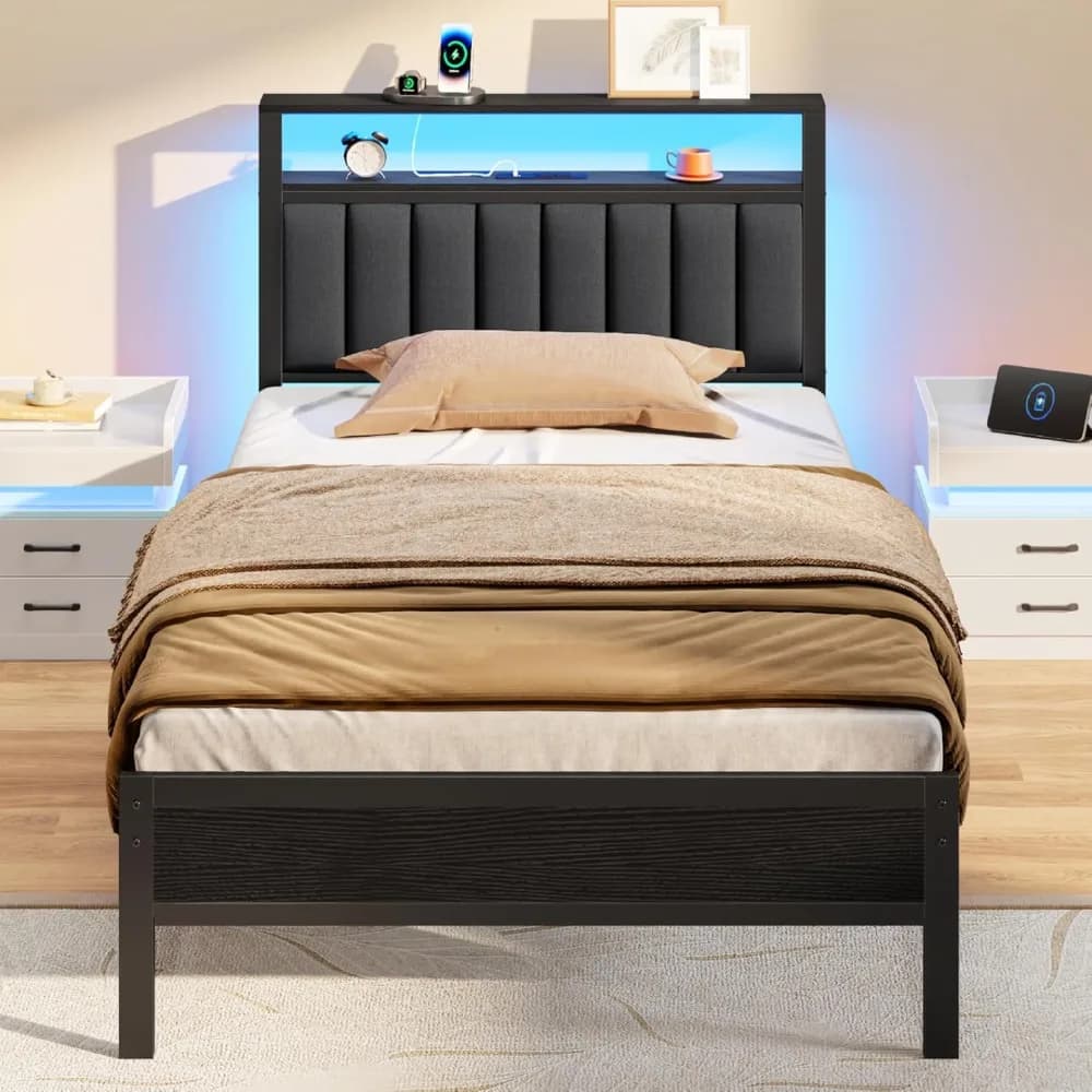 LED Queen Size Bed Frame with Charging Station&2-Tier Storage Shelves, Metal Slat&Upholstered Headboard, No Box Spring Needed