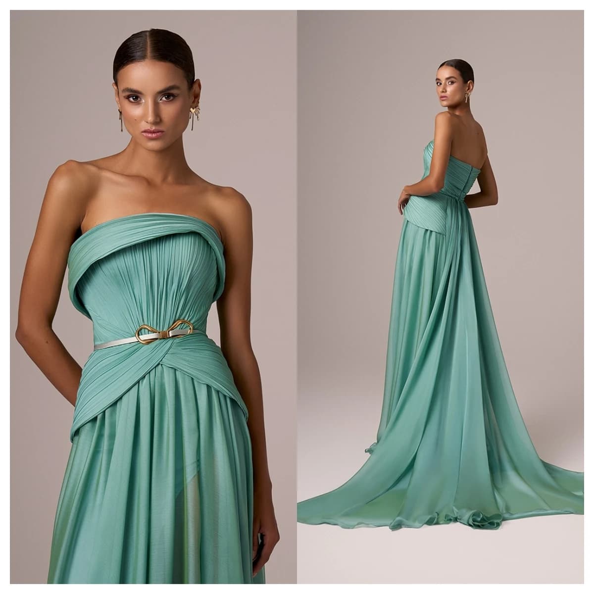 Customized  Delicate  Green Chiffon Evening Dress Strapless Sleeveless Celebrity Gowns Belt Special Occasion Gowns Luxu