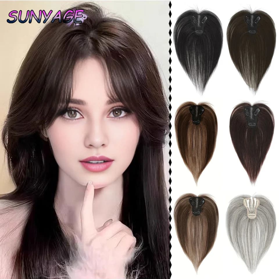 SUNYAGE Clip In Natural Synthetic Hair Bangs Fringe Hair Pieces Middle Part Hair Extension Topper For Women Hair Loss