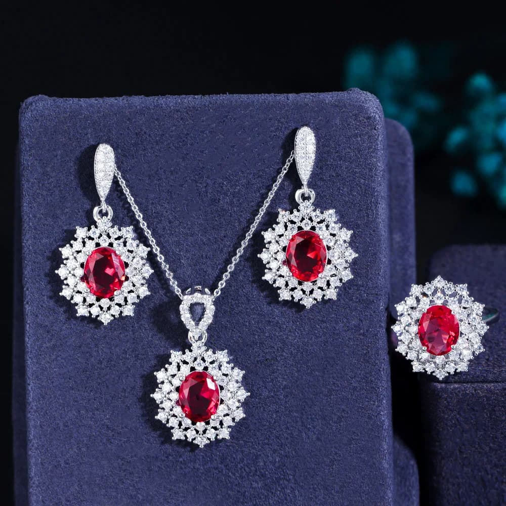 CWWZircons 3 pcs Gorgeous Rose Red Cubic Zirconia Crystal Silver Plated Flower Drop Earring Necklace Jewelry Sets for Women T618