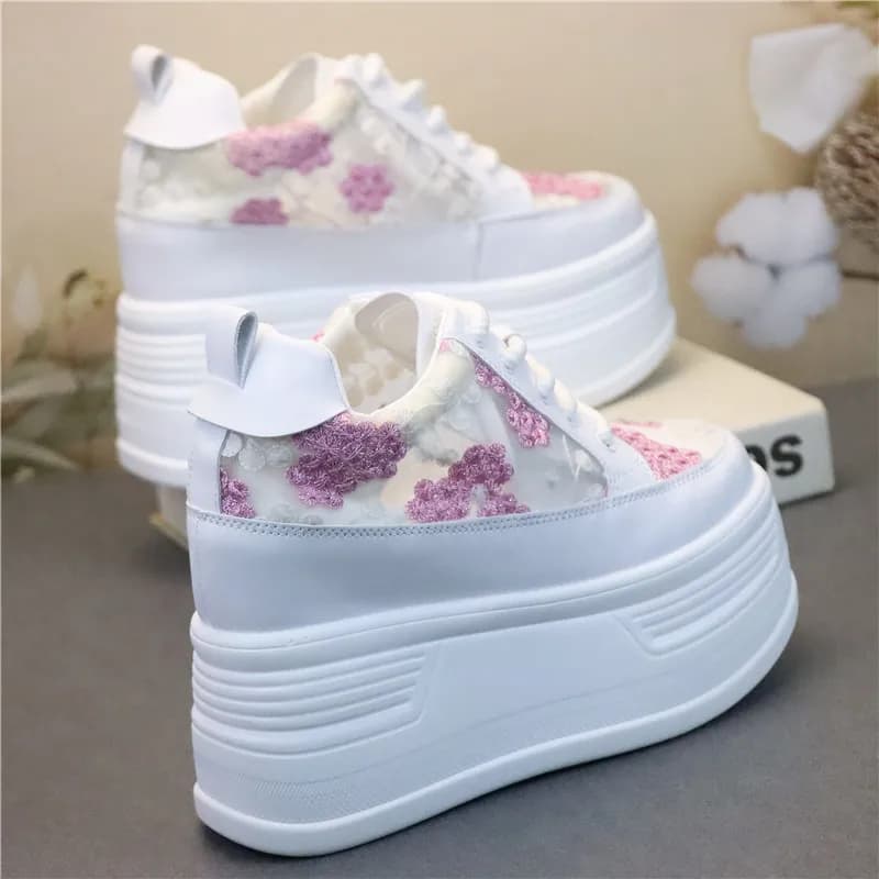 12cm Charming Women's Vulcanize Shoes with Pink Lace High Heels and 10cm Platform for Petite and Plus Size Feet