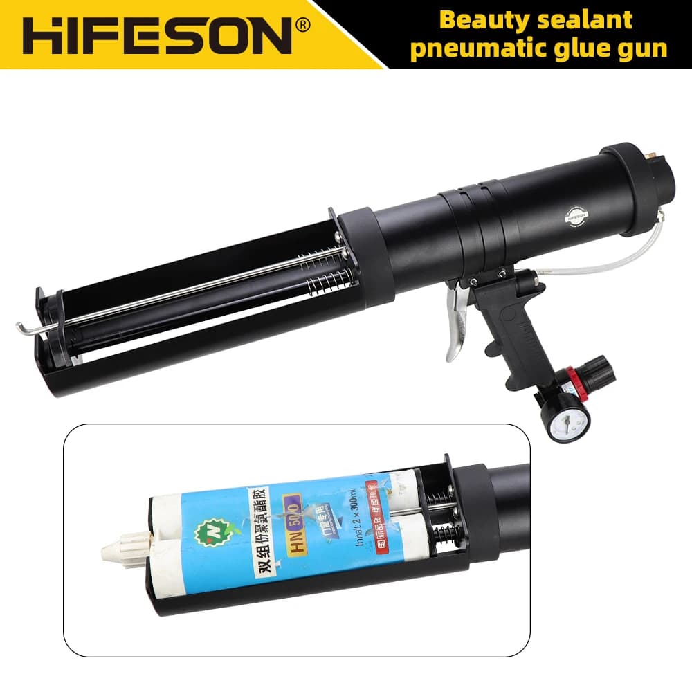 HIFESON Two-component polyurethan Pneumatic Caulking Gun Air Sealant Gun Rubber Tool Professional 2x300ml For Doors and Windows