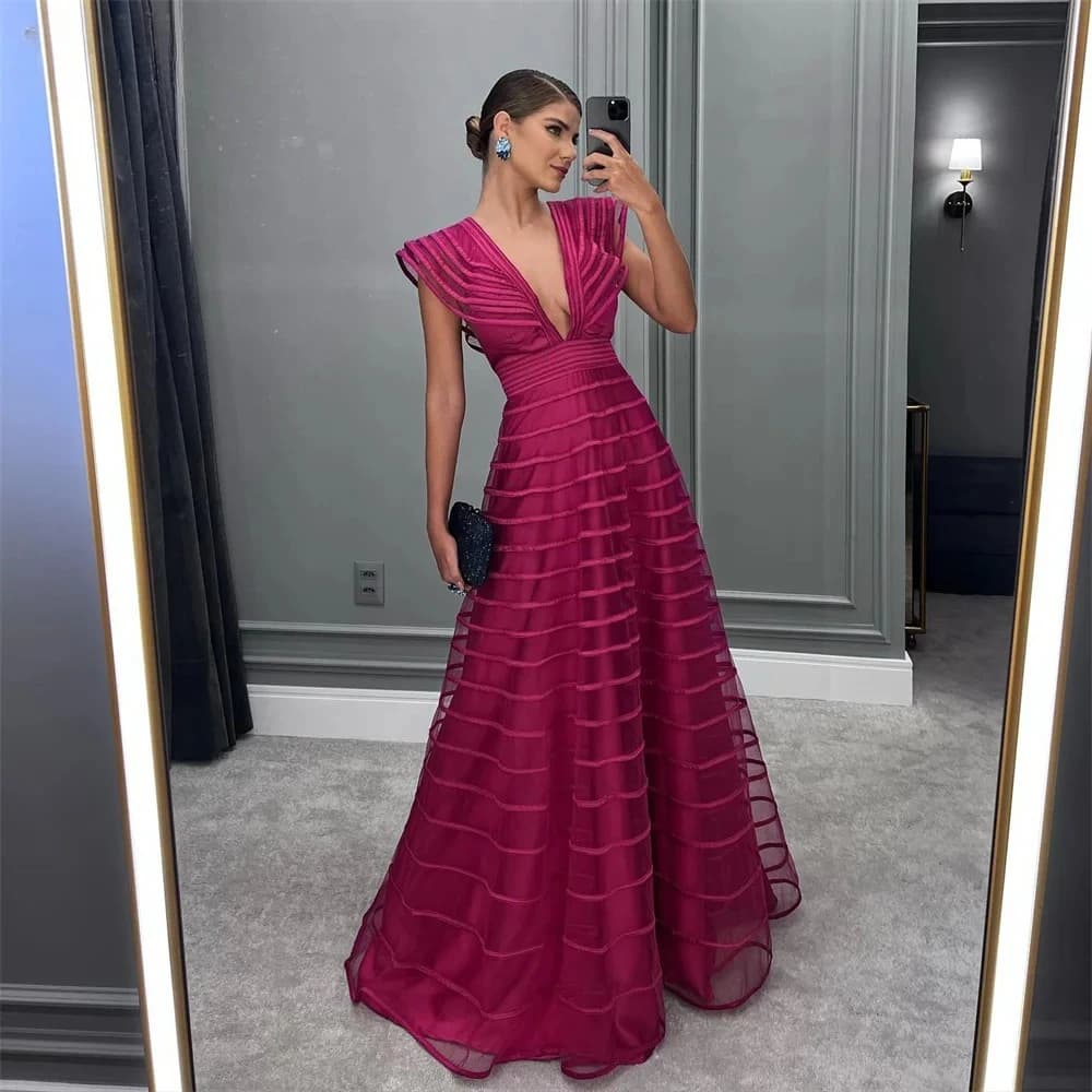 A-Line Fuchsia Formal Dresses Pleat Sleeveless Prom Gown for Woman Deep V-Neck Wedding Party Dress robe de bal Customized