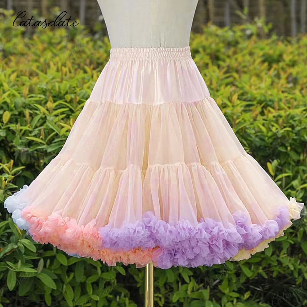 Catasdate Colorful Petticoat Women Elastic Puffy Tutu Skirt for Ballet Dress Fluffy Underskirt for Party Tiered Layer Customized
