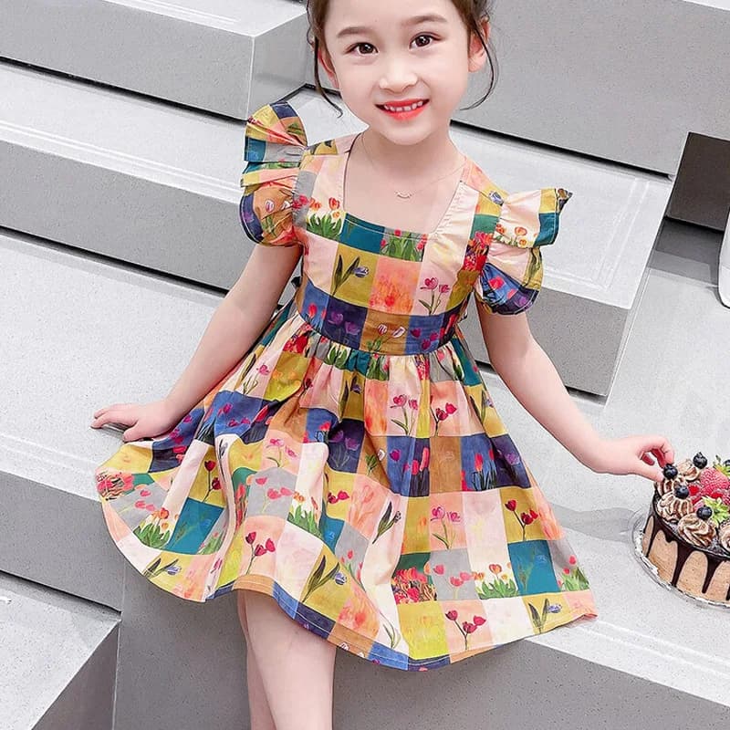 Summer Short Sleeved Plaid Bow Little Girl Floral Princess Dress for Children's Day Graduation Ceremony Sweet and Lovely Dress