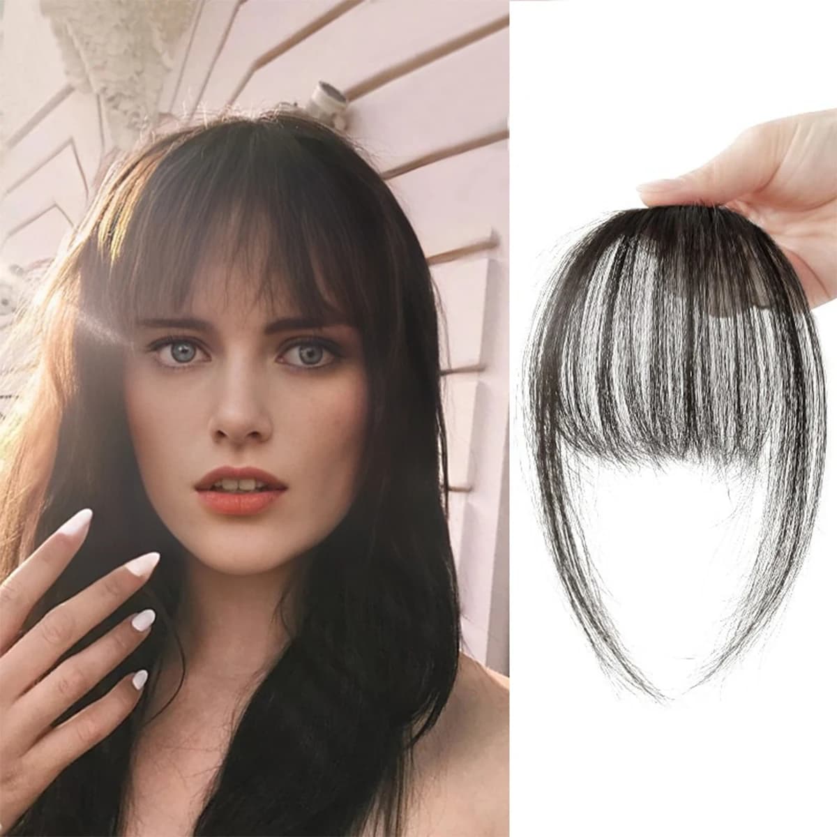 Clip in Bangs Wispy Bangs Clip in Hair Extensions, Brown Black Air Bangs Fringe with Temples Hairpieces for Women Curved Bangs