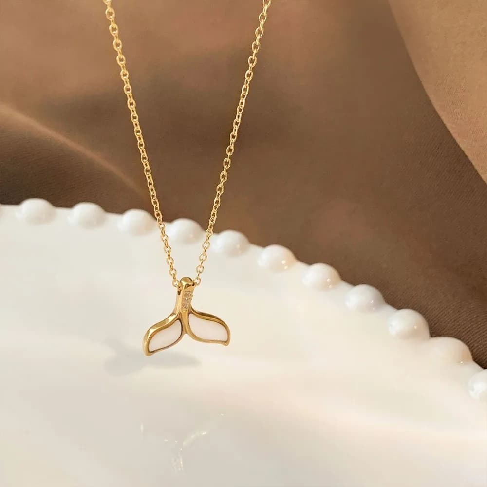 New Arrival White Sea Shell Mermaid Tail Pendant Necklace for Women Cute Gold Color  Stainless Steel Choker Korea Jewelry Gift