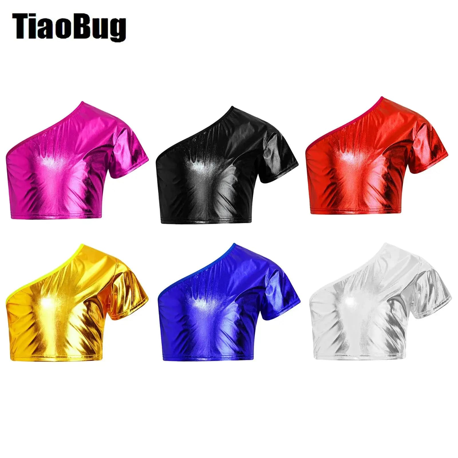 Kids Girls Jazz T-shirt One Shoulder Metallic Crop Top Short Sleeve Dancewear for Dance Cheerleading Performance
