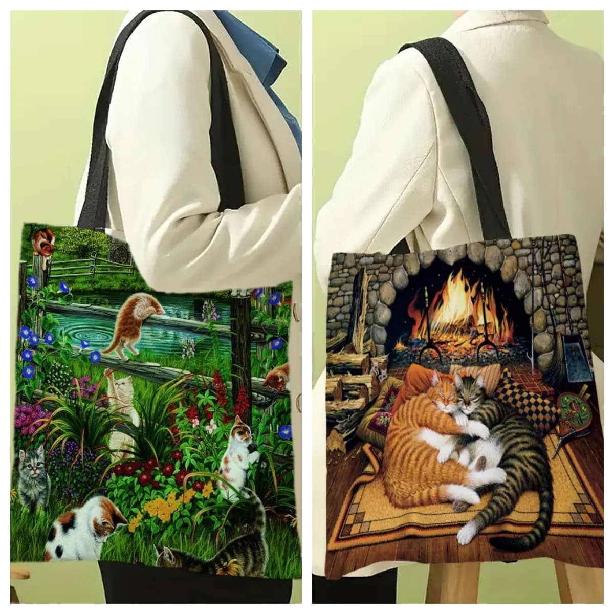 Bookshelf Black Cat Canvas Tote Bag, Large Capacity Shoulder Bag For Travel & Work, Multi-Purpose Reusable Grocery Shopping Bag