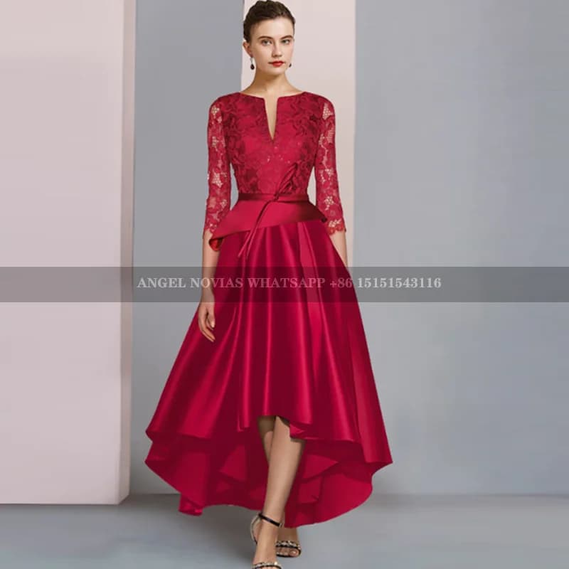 Red High Low Satin Mother of the Bride Dresses with Sleeves Wedding Party Gowns vestidos de fiestas elegantes mujer