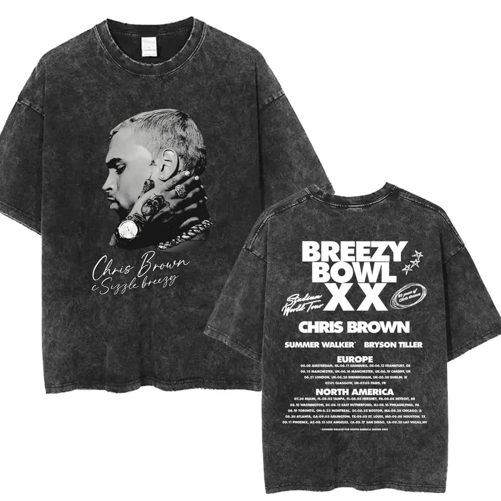 Chris Brown Breezy Bowl XX Concert Tour Washed T Shirts Vintage Hip Hop Gothic T Shirt Men's Oversized Cotton T-shirt Streetwear