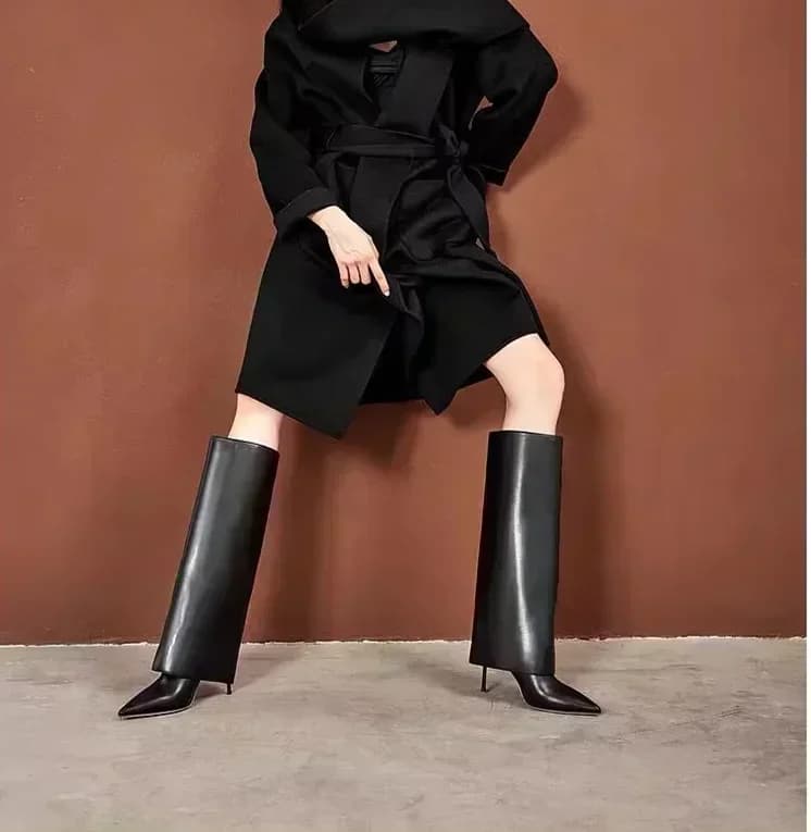 2024 Women's Autumn/Winter New Knee Knee Leather Boots Fashion Pointed Stiletto Skirt Boots Black Long Boots Middle Boots