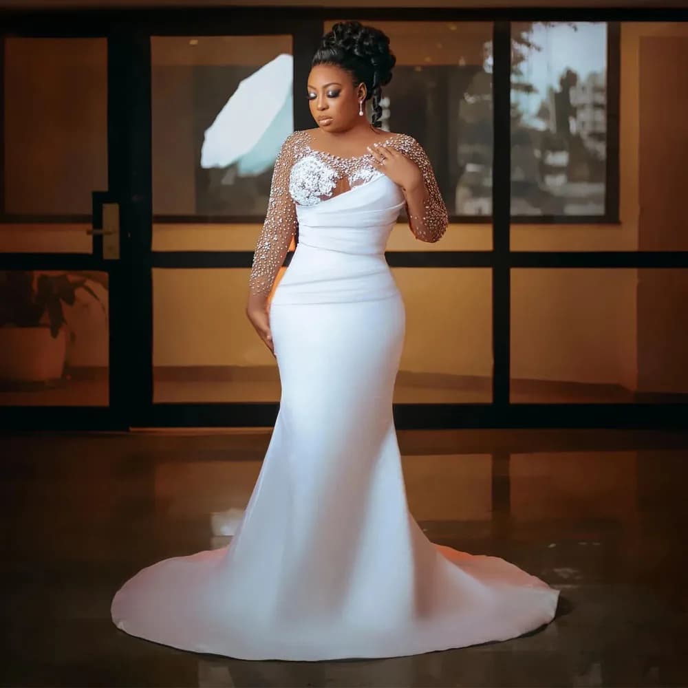 Wedding Dresses Train Arabic Plus Size BridaL Dress Jewel Neck Long Sleeve Mermaid Wedding Gown Luxury Crystal Evening  Dresses