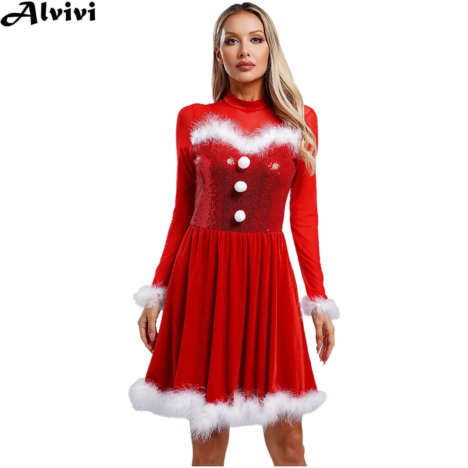 Women Christmas Ballet Dance Skating Dress Xmas Elf Santa Claus Cosplay Costume Long Sleeve Sequin Fuzzy Trim Mesh Leotard Tutu