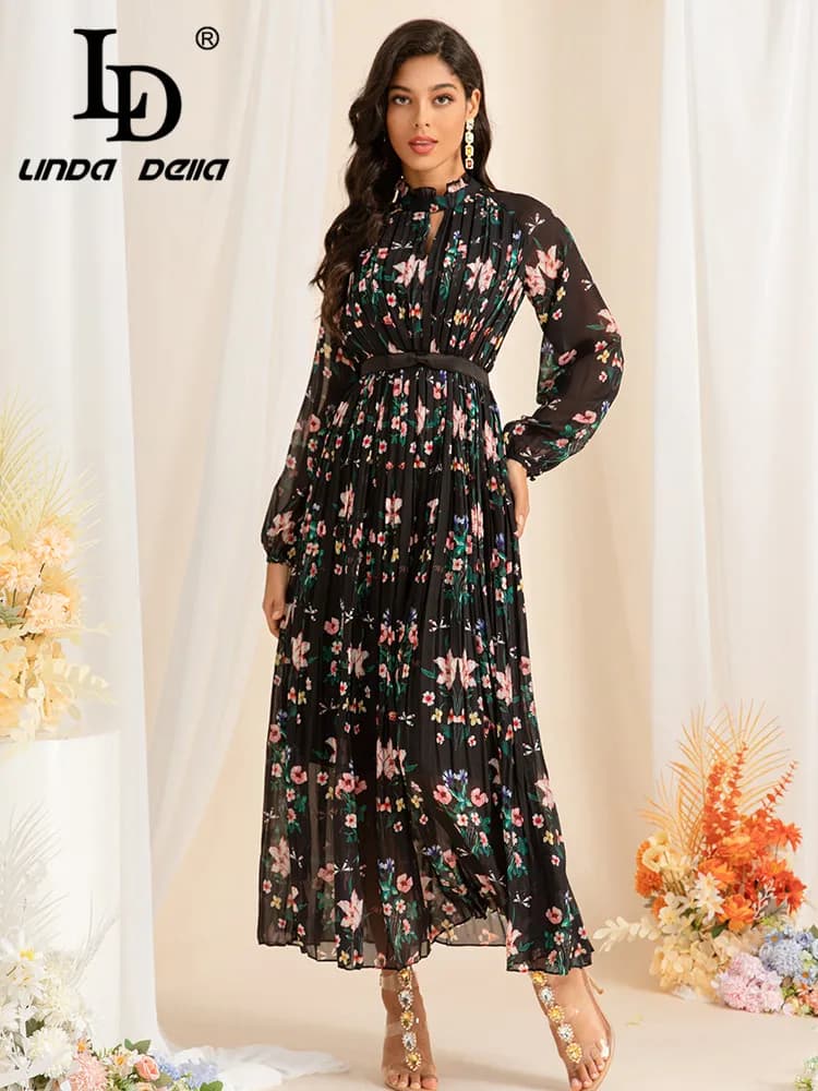 LD LINDA DELLA Floral Oversized 2024 Summer and Autumn New Heavy Press Fold Long-sleeved Printed Woman's Long Dress