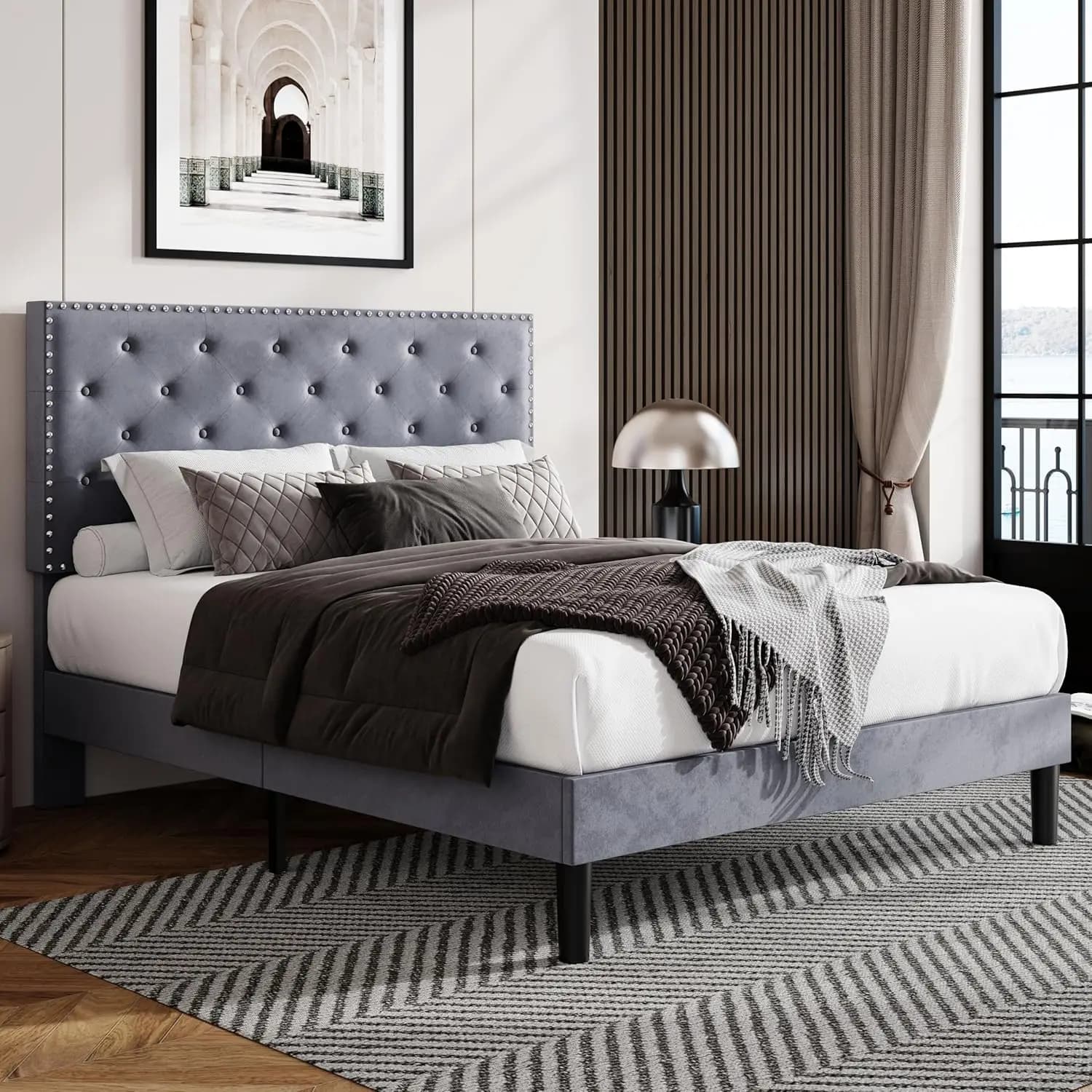 Allewie Queen Bed Frame, Velvet Upholstered Platform Bed with Adjustable Diamond Button Tufted & Nailhead Trim Headboard